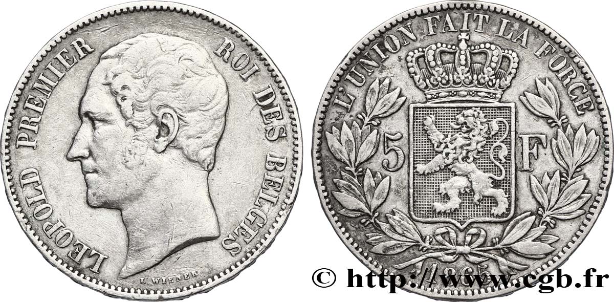 BÉLGICA 5 Francs Léopold Ier / écu couronné  1865  MBC 