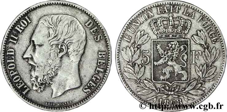 BELGIO 5 Francs Léopold II 1868  BB 