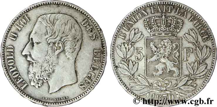 BELGIO 5 Francs Léopold II 1870  BB 