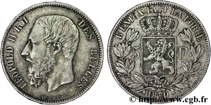 BELGIQUE 5 Francs Léopold II 1870  TTB 