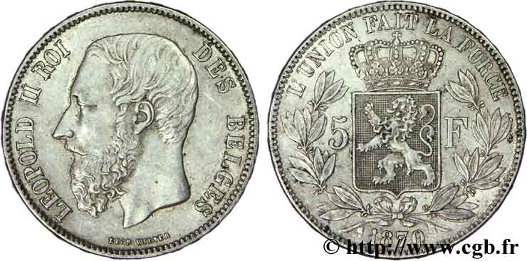 BELGIEN 5 Francs Léopold II 1870  VZ 