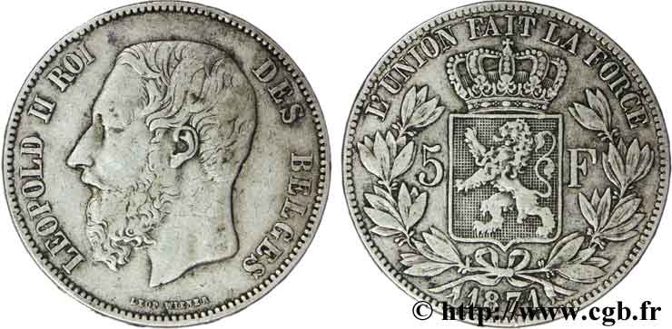 BELGIEN 5 Francs Léopold II 1871  fSS 