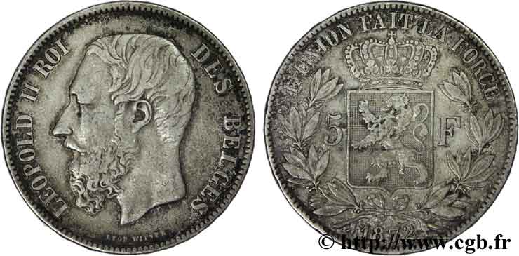 BÉLGICA 5 Francs Léopold II 1872  BC+ 