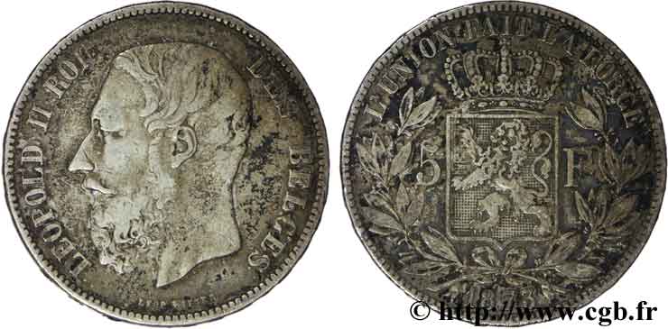 BELGIUM 5 Francs Léopold II 1873  VF 
