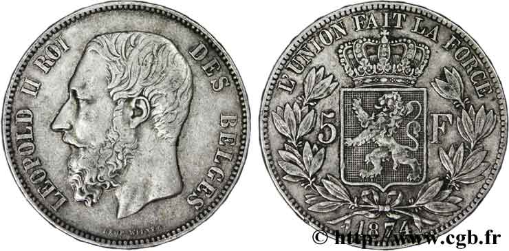 BELGIUM 5 Francs Léopold II 1874  XF 