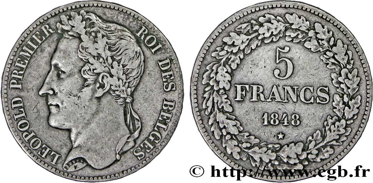 BELGIQUE 5 Francs Léopold Ier tête laurée 1848  TB+ 