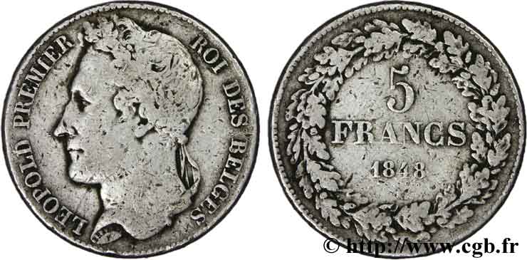 BELGIUM 5 Francs Léopold Ier tête laurée 1848  VG 