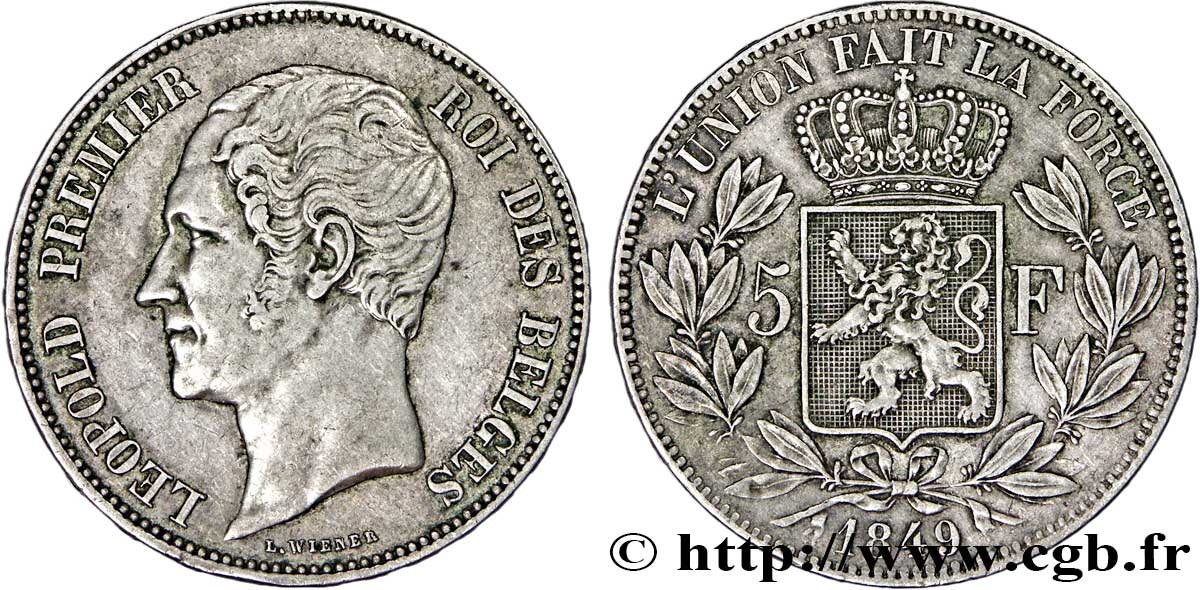 BELGIUM 5 Francs Léopold Ier tête nue 1849  XF 