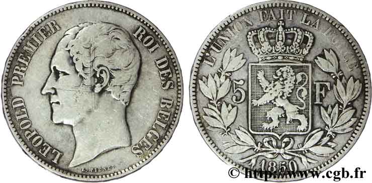 BELGIUM 5 Francs Léopold Ier 1850  VF 