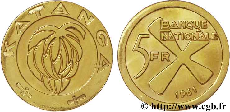 KATANGA 5 Francs régime de bananes / croix katangaise (Baluba) 1961  SUP 