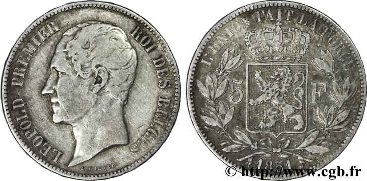 BÉLGICA 5 Francs Léopold Ier 1851  BC 