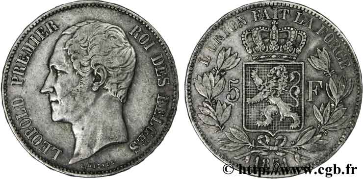 BÉLGICA 5 Francs Léopold Ier 1851  BC+ 