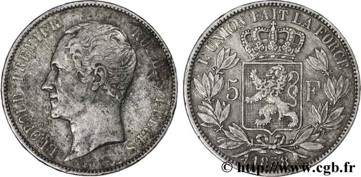 BÉLGICA 5 Francs Léopold Ier tête nue 1858  BC+ 