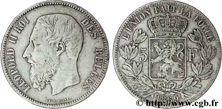 BELGIQUE 5 Francs Léopold II 1869  TB+ 