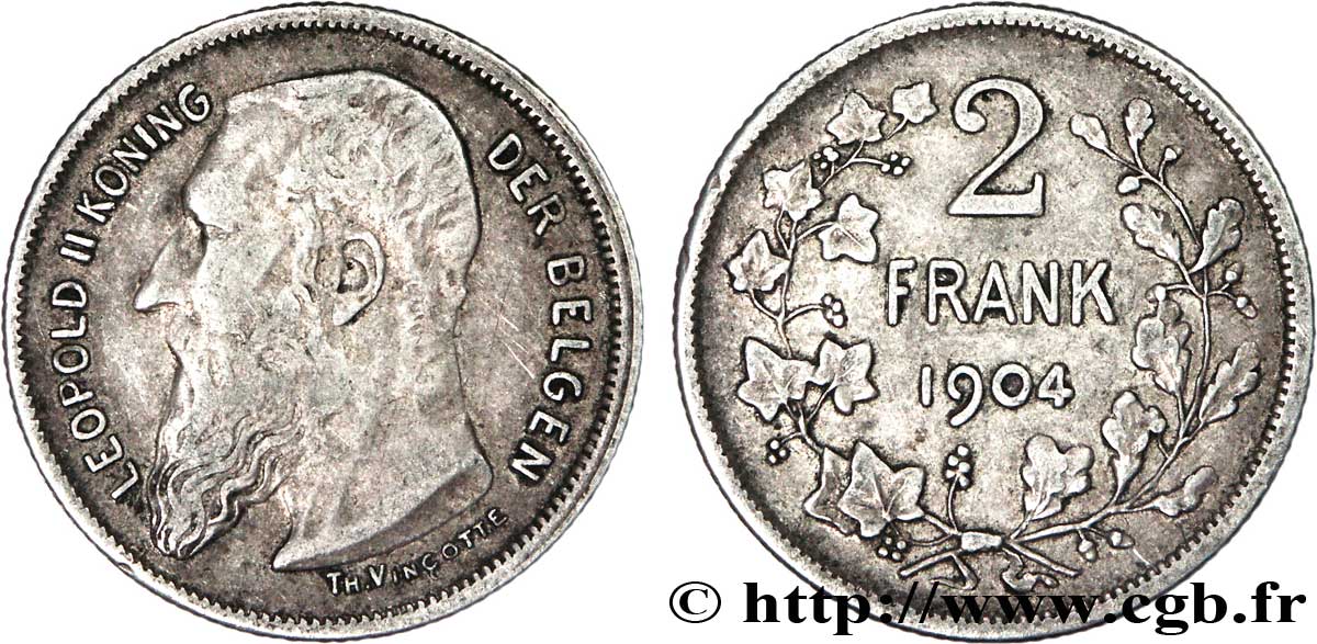 BELGIUM 2 Francs Léopold II légende flamande 1904  VF 