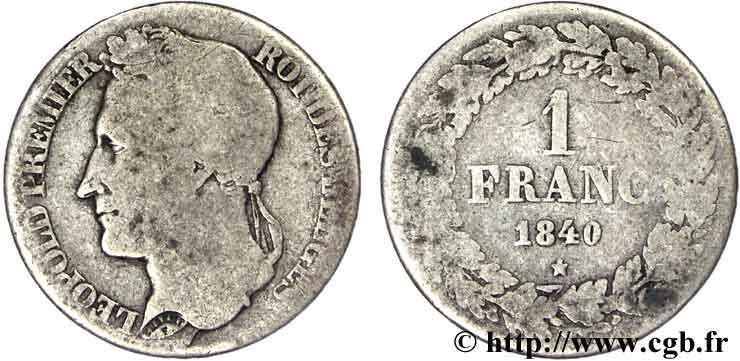BELGIEN 1 Franc Léopold tête laurée 1840  SGE 