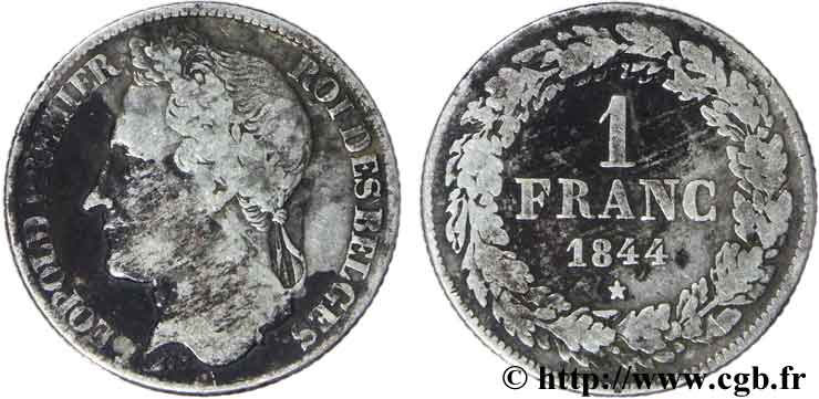 BELGIQUE 1 Franc Léopold tête laurée 1844  B+ 