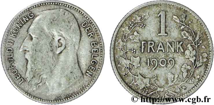 BELGIQUE 1 Franc Léopold II légende flamande variété sans point dans la signature 1909  TB 