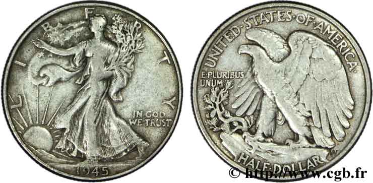 VEREINIGTE STAATEN VON AMERIKA 1/2 Dollar Walking Liberty 1945 Philadelphie fSS 