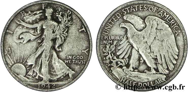 ESTADOS UNIDOS DE AMÉRICA 1/2 Dollar Walking Liberty 1942 Denver BC 