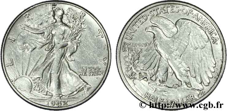 ÉTATS-UNIS D AMÉRIQUE 1/2 Dollar Walking Liberty 1942 Philadelphie TB 