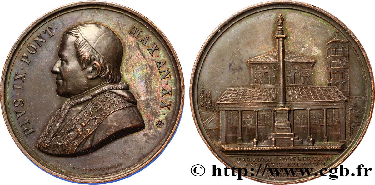 VATICAN AND PAPAL STATES Médaille annuelle Pie IX / Vue de l Église de Saint-Laurent dans les murs MDCCCLXV (1865), AN XX 1865 Rome AU 