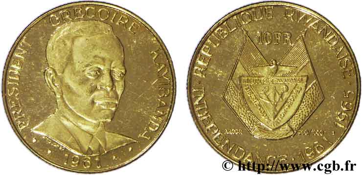 RUANDA 10 Francs or emblème / président Grégoire Kayibanda 1965  ST 