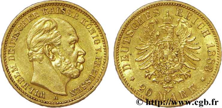 ALEMANIA - PRUSIA 20 Mark royaume de Prusse Guillaume Ier, 2e type / aigle héraldique 1883 Berlin MBC+ 
