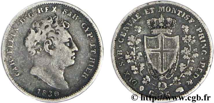 ITALY - KINGDOM OF SARDINIA 25 Centesimi Charles-Félix 1830 Turin VF 