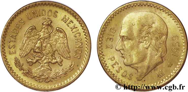 MÉXICO 10 Pesos or aigle / tête de Miguel Hidalgo 1959 Mexico SC 