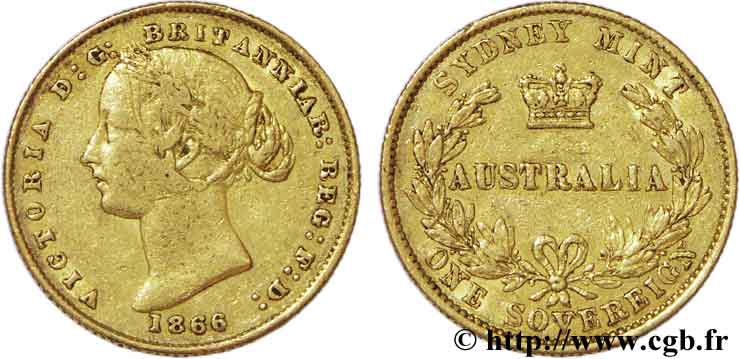 AUSTRALIA 1 Souverain Victoria / Couronne entre deux branches d olivier 1866 Sydney MBC40 