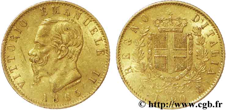 ITALIA 20 Lire Victor Emmanuel II  1865 Turin - T SPL 