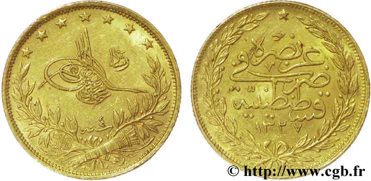 TURKEY 100 Kurush en or Sultan Mohammed V Resat AH 1327, An 5 1913 Constantinople AU58 