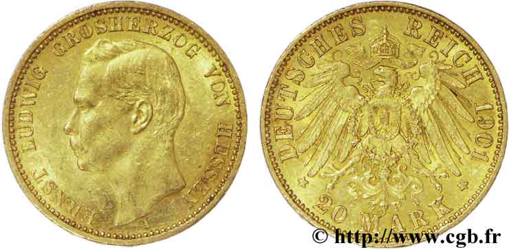 GERMANY - HESSE 20 Mark or Grand-Duché de Hesse Ernest-Louis Grand- Duc, 2e type 1901 Berlin AU55 