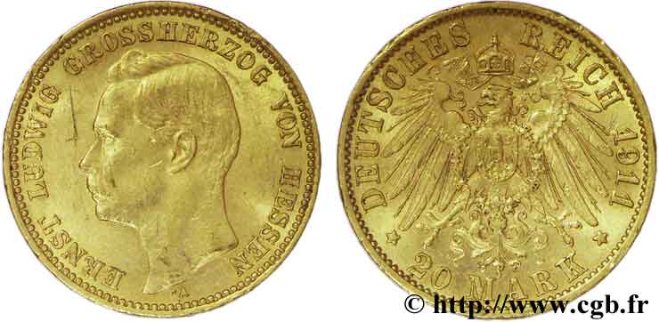 GERMANY - HESSE 20 Mark or Grand-Duché de Hesse Ernest-Louis Grand- Duc, 3e type 1911 Berlin AU55 