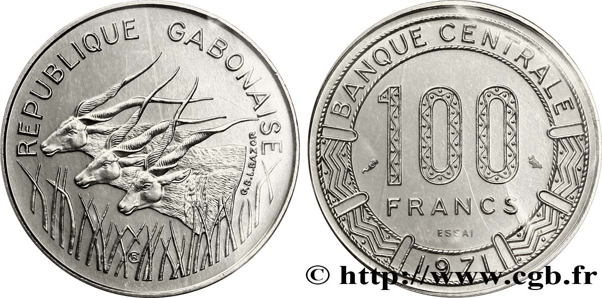 GABUN Essai de 100 Francs antilopes type “Banque Centrale” 1971 Paris ST 