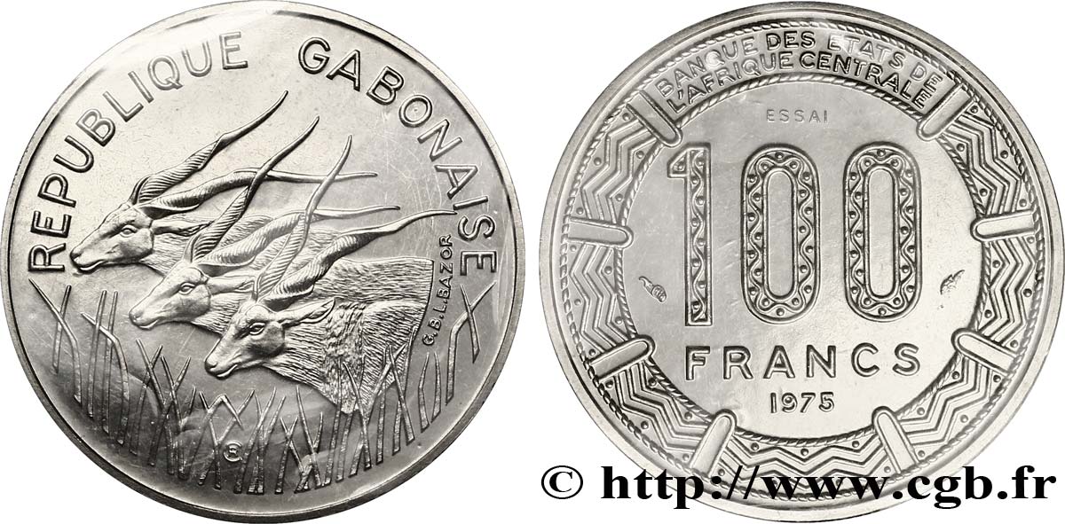 GABON Essai de 100 Francs antilopes type “BEAC” 1975 Paris FDC 