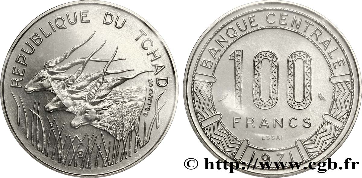 CHAD Essai de 100 Francs type “Banque Centrale”, antilopes 1971 Paris MS 