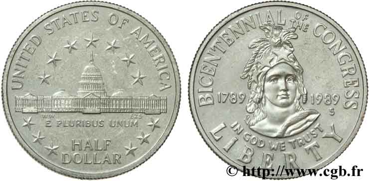 VEREINIGTE STAATEN VON AMERIKA 1/2 Dollar bicentennaire du Congrès buste de la Liberté / bâtiment du Capitole 1989 San Francisco - S VZ 