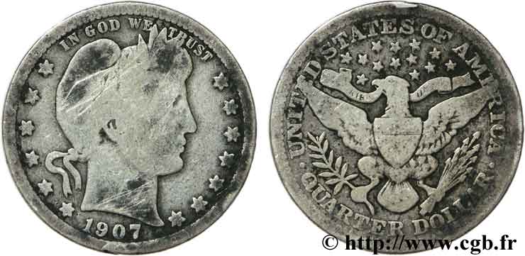 UNITED STATES OF AMERICA 1/4 Dollar Barber 1907 Philadelphie VG 