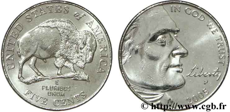 UNITED STATES OF AMERICA 5 Cents Bison américain  / président Thomas Jefferson 2005 Philadelphie - P MS 