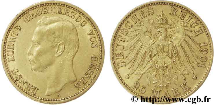 GERMANIA - ASSIA 20 Mark Ernest-Louis Grand-Duc de Hesse / aigle impérial 1901 Berlin BB45 