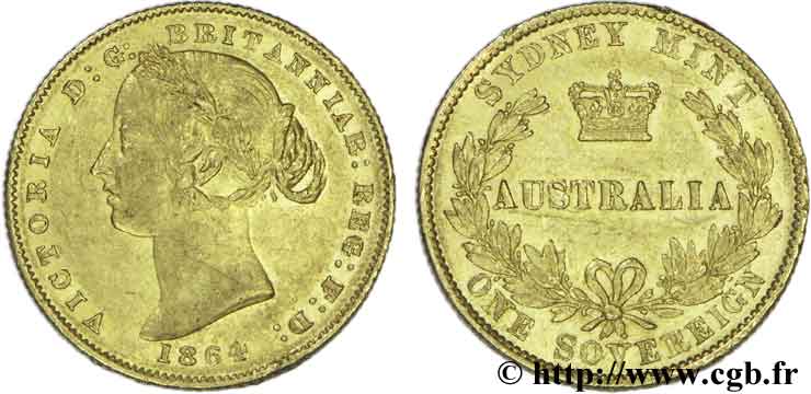 AUSTRALIA 1 Souverain Victoria tête laurée / couronne entre deux branches d olivier 1864 Sydney BB50 