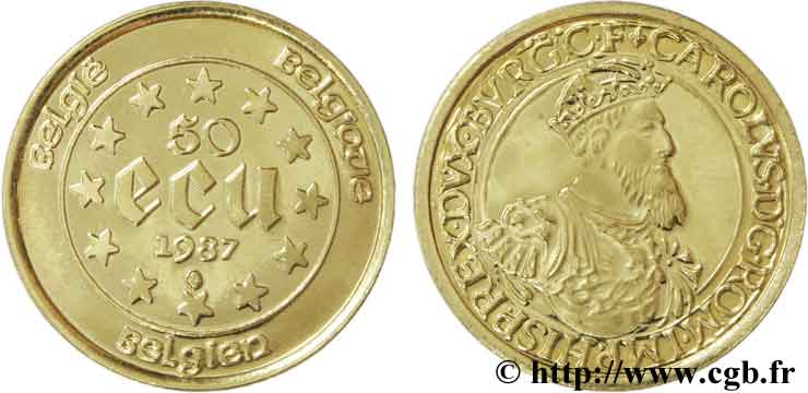 BELGIEN 50 écus en or, Charles-Quint / douze étoiles de l’Europe 1987 Bruxelles ST65 