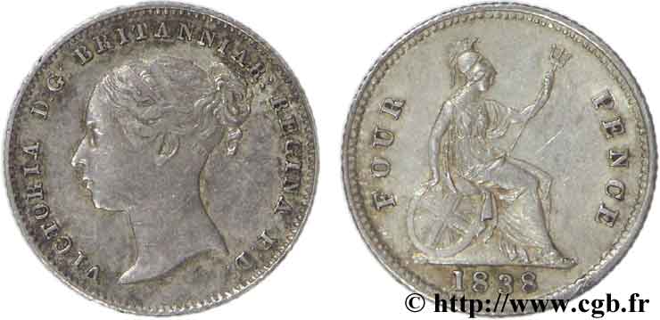 REGNO UNITO 4 Pence ou groat Victoria / Brittania assise 1838 Londres BB50 