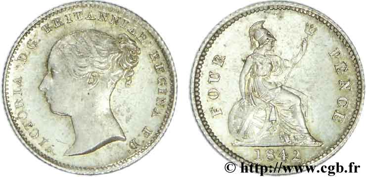 VEREINIGTEN KÖNIGREICH 4 Pence ou groat Victoria / Brittania assise 1842 Londres VZ58 