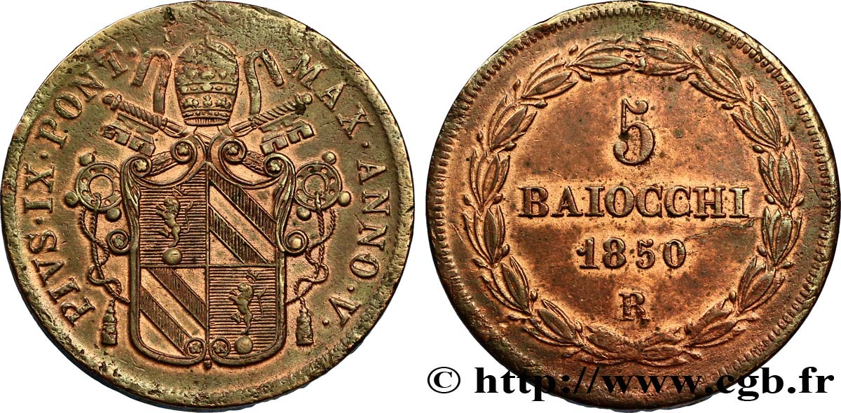 VATICAN AND PAPAL STATES 5 Baiocchi ou grosso 1850 Rome AU50 
