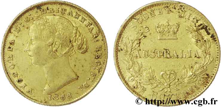 AUSTRALIE 1 Souverain Victoria tête laurée / couronne entre deux branches d’olivier 1866 Sydney TTB42 