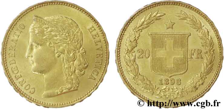 SCHWEIZ 20 Francs or Helvetia 1896 Berne VZ58 