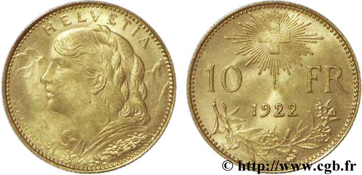 SCHWEIZ 10 Francs or  Vreneli  1922 Berne VZ58 